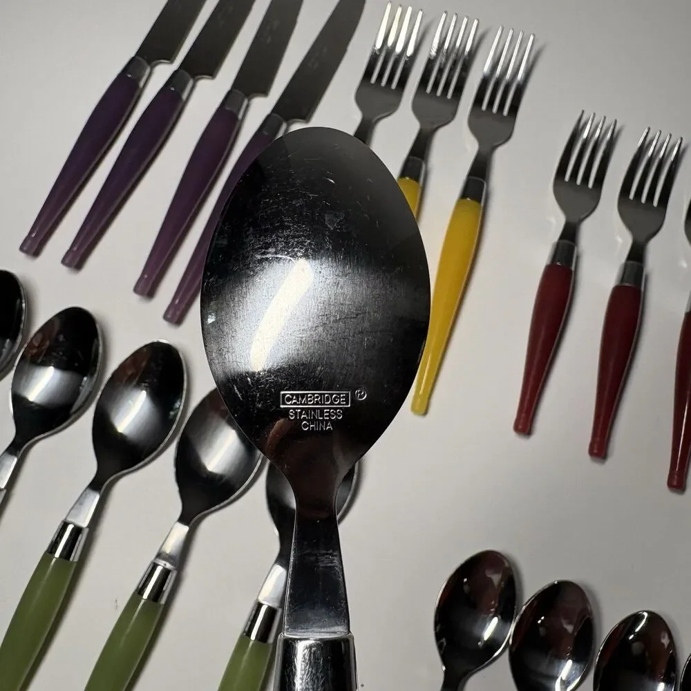 Vintage Retro Cambridge Stainless Flatware, Multi Color Lucite Handles 20-piece